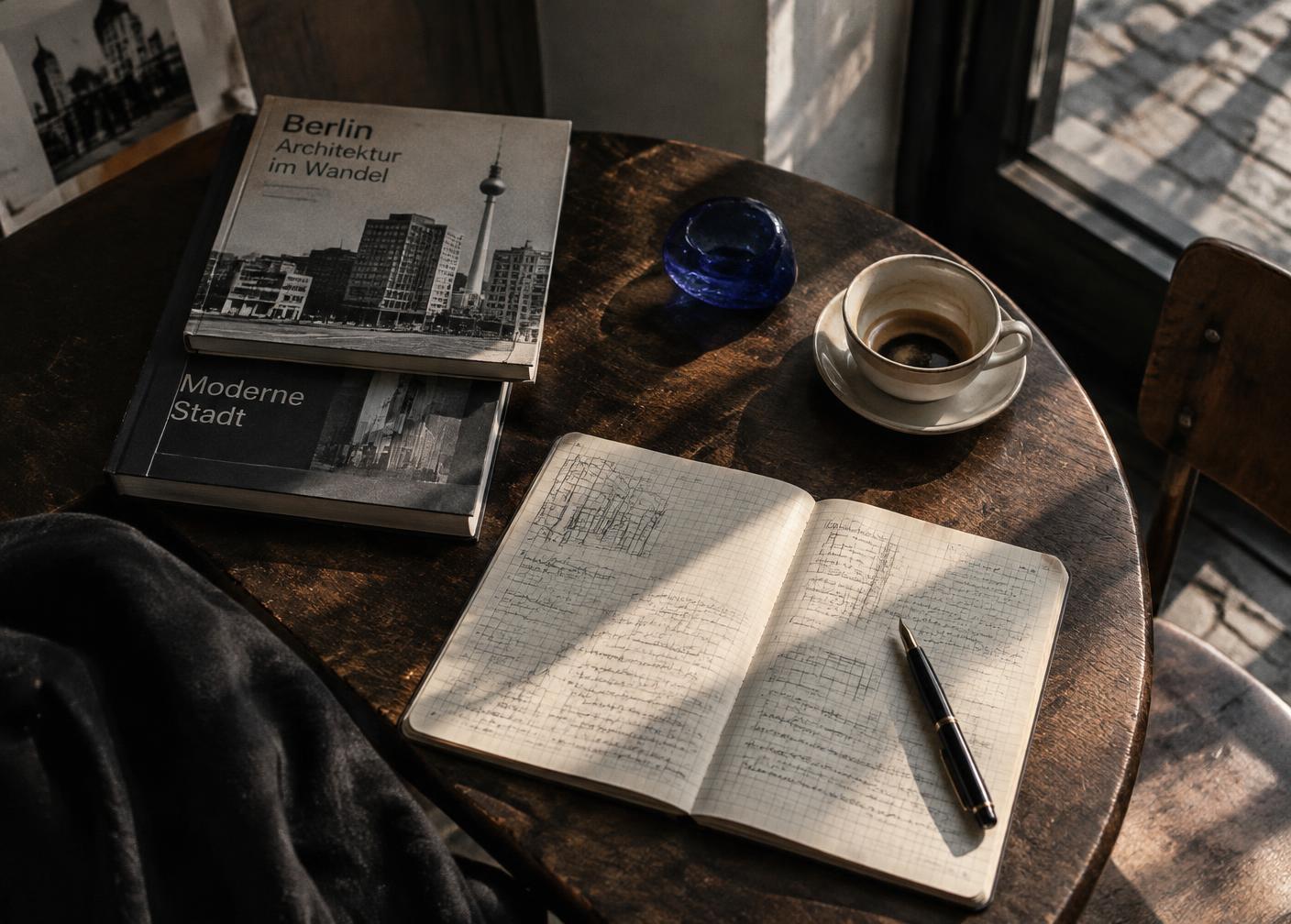 Notizbuch, Architektur und Alltagsbeobachtungen auf einem Tisch
